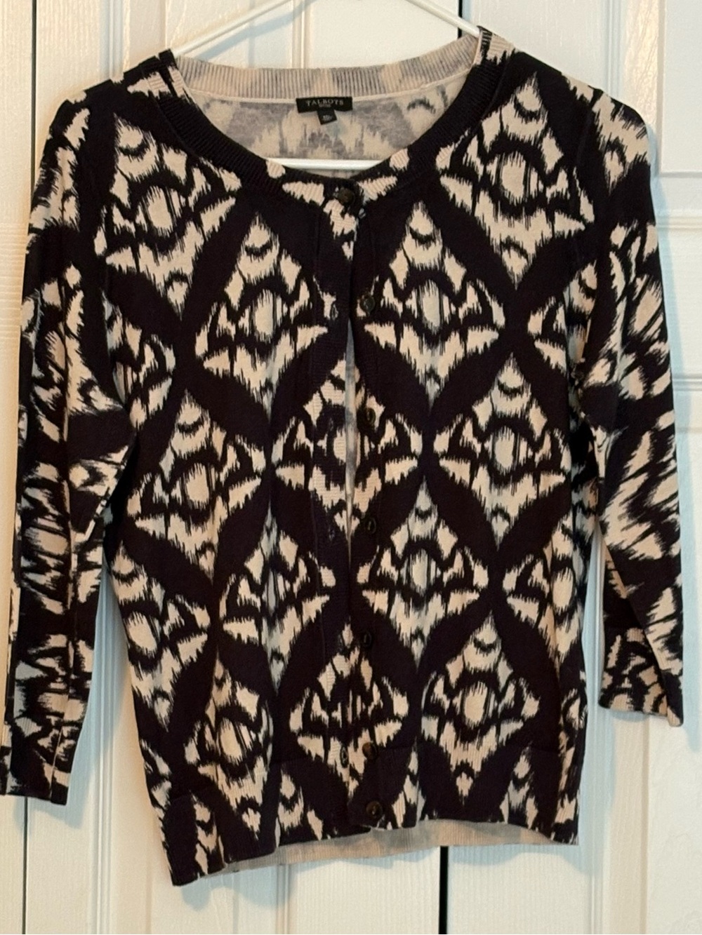 Talbots Black and Cream Patterned Button-Front Sweater